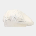 Detail of white knit beret with lace flowers and sparkling silver rhinestones - M (56-58cm) / White