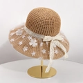 Light coffee straw sun hat featuring white lace trim and floral gauze accents - Khaki 3D Flowers