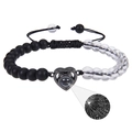 Detail of heart projection stone showing I Love You in 100 languages on beaded bracelet - White Crystal & Matte Stone Bracelet