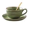 Detail of dark green matte ceramic coffee cup with vertical stripes and gold spoon - Pumpkin Shape-Green