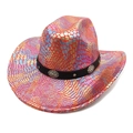 Detail of colorful metallic snake scale texture on western cowboy hat with floral studs - M (56-58cm) / Red