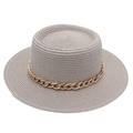 Elegant French style flat-top straw boater hat with a chic gold acrylic chain decoration. - One Size / Gray (with Acrylic Chain Decor)