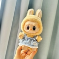 Labubu doll outfit featuring yellow rabbit hoodie and blue cloud dress accessory - Little Cloud Denim Overalls / First And Second Generation Keychains Are Compatible With La Cloth Dolls. Dolls Not Included.