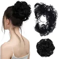 Detail view of black messy hair bun scrunchie on a model with close-up texture - 1B# (Off Black)