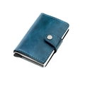 Peacock blue leather RFID blocking slim wallet with aluminum pop-up card case and snap closure - Oil Wax Leather Texture / Sapphire Blue