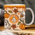 3D ceramic Halloween mug in orange featuring spooky pumpkin and ghost relief patterns - Orange