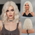 Mid-length wavy synthetic wig in cream white, front and back views for women - Milk White