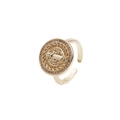 Detail of adjustable gold ring featuring a religious Saint Benedict medal with purple crystals - Adjustable Open / Saint Benedict Pink Zircon Style (CR0402YH)