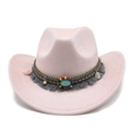 Détail du chapeau de cow-boy rose avec perles ethniques colorées et pierre turquoise - M (56-59cm) / Rose Suède