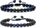 Two-piece set of tiger eye and black lava stone beaded bracelets with woven cord - Dark Blue Tiger Eye & Lava Stone 2-Piece Set