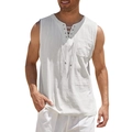 Men's white cotton linen sleeveless shirt featuring a lace-up V-neck and chest pocket - S / White