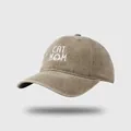 Vintage gewaschene Denim Baseballkappe in Khaki mit besticktem Cat Mom Text und Katzengesicht - M / Khaki