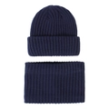Detail of navy blue ribbed knit hat and scarf set showcasing thick woven texture - Navy Blue