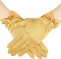 Eleganti guanti corti in raso dorato con pieghe al polso, perle e strass per matrimoni - Stile Perla / Oro