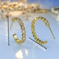 Detail view of 18K gold plated honeycomb hoop earrings with zircon stones and size markers - Gold Earrings