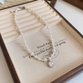 Vintage French pearl necklace with a square crystal pendant in a classic wood tray - White Pearl Square Zirconia Pendant Necklace