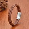 Classic braided brown leather bracelet with silver stainless steel magnetic clasp for men - 19cm / Brown/Silver Clasp