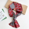 Elegant red twilly silk scarf with horse print and chevron pattern on wooden background - Horse Ripple Patchwork Red