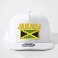 White Jamaica snapback cap with yellow embroidery and breathable mesh side panels - White