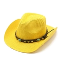 Detail of yellow straw cowboy hat with leather band and turquoise stone embellishments - Yellow
