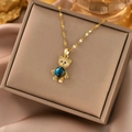 Golden titanium steel necklace with blue starlight bear pendant and zircon inlay - Gold Starry Bear