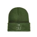 Detail shot of I'M COLD white embroidery on a dark green knitted beanie hat - Army Green