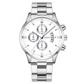 Men's business quartz watch with silver steel band, white dial and chronograph sub-dials - White Dial Silver Band (Fork Lug Version)
