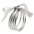 Set di 5 bracciali rigidi glitterati argento in resina con nastro di seta bianco - Set di braccialetti glitter argento con fiocco (30028)