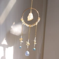 Rainbow suncatcher with golden ring, yellow crystal raw stone and faceted glass ball - Citrine