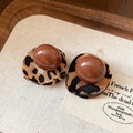 Retro round earrings with leopard print fabric and brown resin studs on beige background - Brown Artificial Pearl Leopard Print Fabric Style (No. 29 Silver Earring Post - Brown)