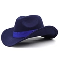 Detail of deep blue cowboy felt hat featuring a decorative bright blue ribbon band - Navy Blue