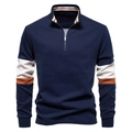 Detail of navy blue quarter-zip polo sweatshirt with orange and white sleeve stripes - Navy Blue
