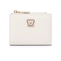Cute cream short zipper wallet featuring a bear silicone patch and HELLO print - Off White