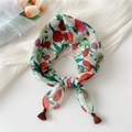 Floral print cotton-linen scarf in cream with red flowers and brown tassel charms - Neptune Ball Red (Fringe)