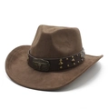Brown faux suede Western cowboy hat with studded leather band and longhorn metal ornament - M (56-59cm) / Brown