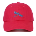 Close-up of red cotton baseball cap featuring detailed blue and green dragonfly embroidery - Rose Red
