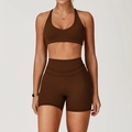 Set da yoga spazzolato marrone scuro due pezzi con reggiseno a U e pantaloncini a vita alta - Taglia S / Top E Pantaloni / Reggiseno + Pantaloncini / marrone cioccolato
