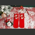 Red Christmas cotton socks featuring a white cat pattern with a Santa Claus mini ornament - One Size / Red Cat with Pendant
