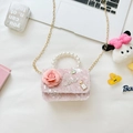 Pink sequin mini crossbody bag for girls with pearl handle and floral accents - Pink Sequin Flower