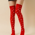 Festive red over-knee stockings with white snowflake patterns and soft knit texture - Red Socks with White Snowflake Print