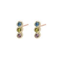 Three-stone gold drop earrings with blue green and purple round zircon crystals - MAE023 Gold 3-Stone Multicolor