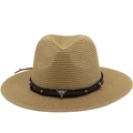 Straw fedora sun hat with brown leather band, rivets, and silver bull skull detail - M (56-58cm) / Khaki