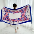 Ethnic blue floral silk shawl beach cover-up with pink flowers pattern for women - Caramel-Blue Border Pink Large Floral / 180cm / Caramel color