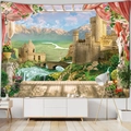 Detalle de un gran tapiz de castillo con paisaje realista de montañas y ríos naturales - 150x130cm / Castillo europeo