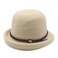 Close-up of beige knitted sun hat featuring a brown leather strap and silver metal buckle - M (56-58cm) / Beige