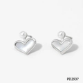 Silver-tone heart stud earrings with white mother-of-pearl inlay and elegant pearl top - Shell Heart Style (PD2937) / Silver