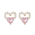 Pendientes de corazón con circonita rosa y baño de oro con diseño exclusivo - Pendiente de Botón de Doble Corazón en Capas (EH00728)