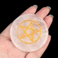 Natural clear quartz disk with engraved golden pentagram star for energy healing - White Crystal Pentagram