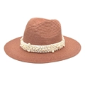 Detail of a brown woven straw fedora featuring a white ribbon adorned with faux pearls - M (56-58cm) / Dusty Pink