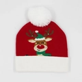 Red knit Christmas hat with LED lights featuring a cute reindeer and white pompom detail - Hat Style 64 (Red Reindeer)